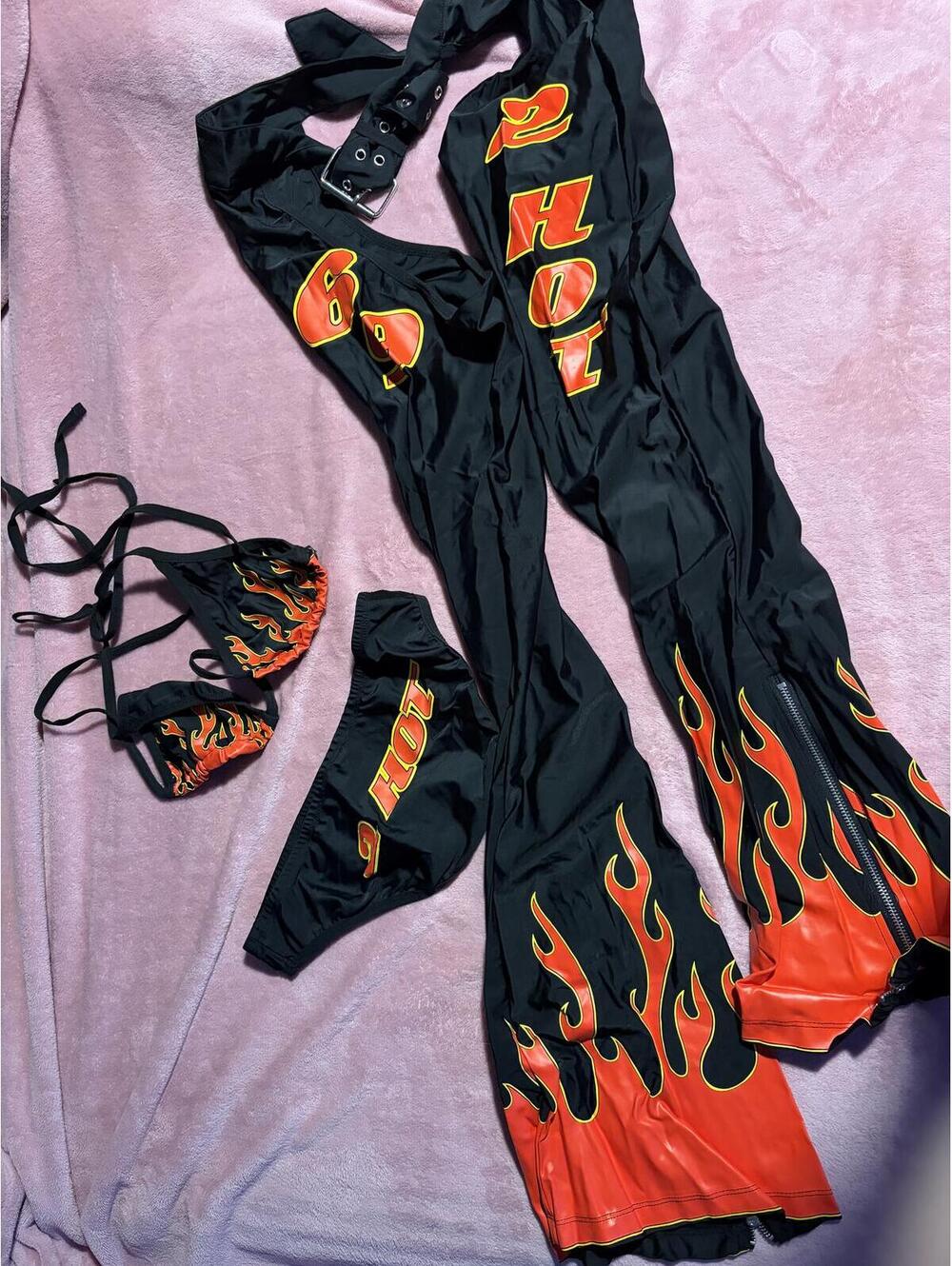 2 Hot Flame Print Bikini and Bell Bottom Pants Set